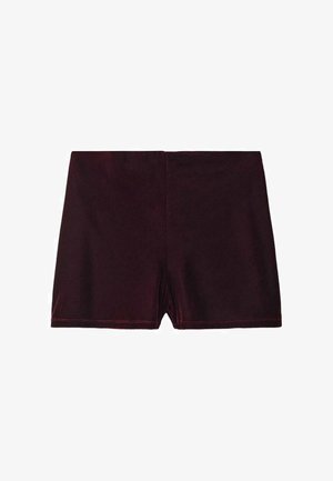 Burgundy velvet shorts with a smooth texture, featuring a simple design and a clean cut at the hem, no visible hardware or patterns.
