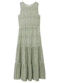 Robe maxi sans manches à imprimé floral en vert avec une coupe à étages, dotée d'un corsage ajusté et d'un ourlet fluide. Tissu doux et léger.