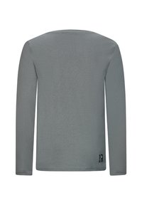 Maglietta grigia a maniche lunghe con scollo rotondo, mostrata di spalle, con un piccolo logo "Retour" vicino all'orlo inferiore destro.