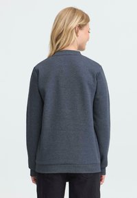Grå sweatshirt med rund hals, ribbede mansjetter og hem. Myk tekstur med et enkelt design, sett fra baksiden.
