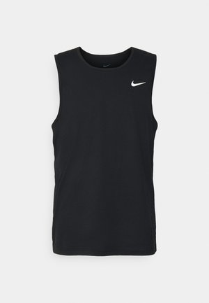 Black sleeveless athletic tank top made of lightweight fabric, featuring a crew neck and a white Nike swoosh logo on the chest.
