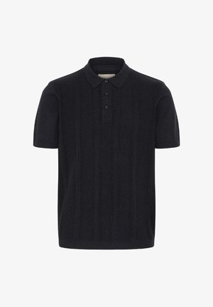 A sötét színű kötött galléros póló bordázott textúrával, gallérral és háromgombos részel. Rövid ujjakkal egészül ki a dizájn.