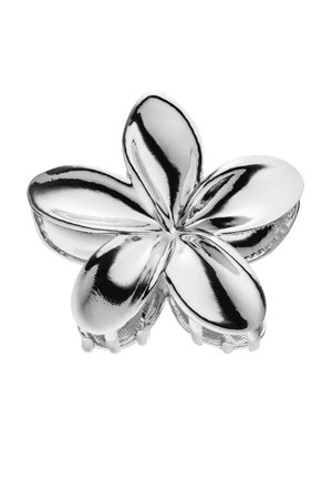 Glänzender silberner Haarclip in Form einer fünfblättrigen Blume mit abgerundeten Blütenblättern und kleinen Greifzähnen darunter.