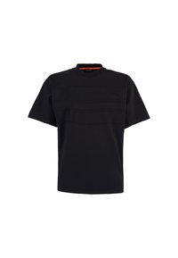 Zwarte katoenen T-shirt met ronde hals en korte mouwen, met verhoogde steken in een vlagontwerp over de voorkant.