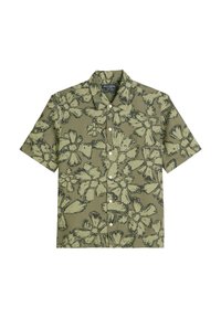 Korte mouwen shirt in olijfgroen met een zwart bloesem patroon. Voorzien van een knoopsluiting aan de voorkant en een gestructureerde kraag. Lichtgewicht stof.