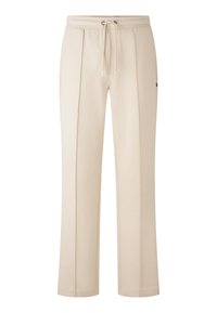 Beige Jogginghose mit elastischem Bund und Kordelzug, vorne mit Falten und einem dezenten Logo an der Hüfte. Weicher, strukturierter Stoff.