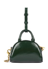 Green patent leather handbag with a rounded shape, short dual handles, and a detachable gold chain strap. Features gold hardware accents.