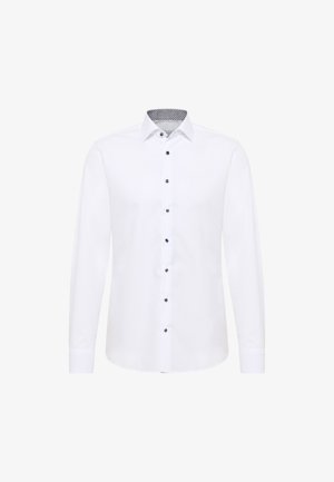 Weißes Langarm-Hemd mit Knopfleiste, ausgestattet mit schwarzer Knopfleiste, kontrastierendem gemustertem Kragenfutter und glatter Struktur.