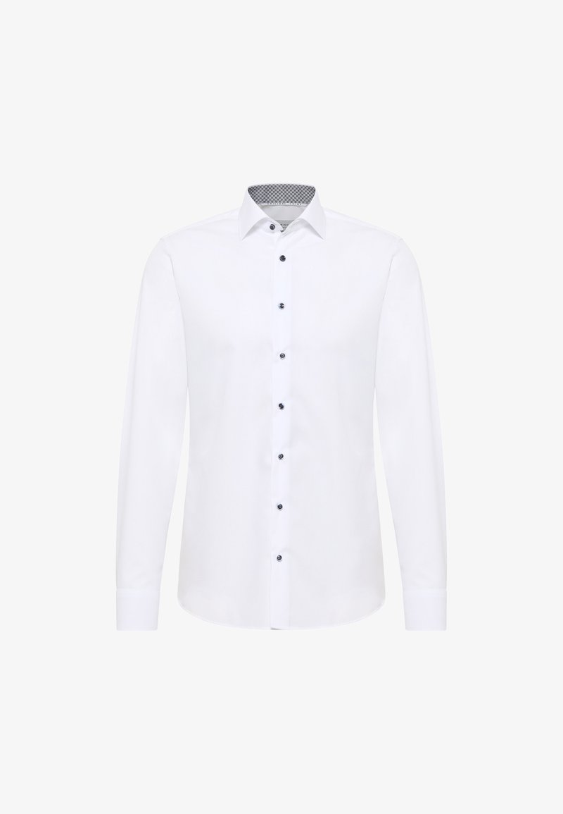 Weißes Langarm-Hemd mit Knopfleiste, ausgestattet mit schwarzer Knopfleiste, kontrastierendem gemustertem Kragenfutter und glatter Struktur.