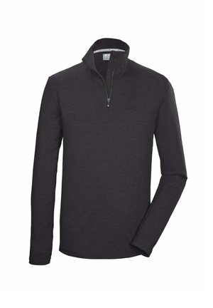 Langarm-Pullover aus dunkelgrauem Stoff, mit einem halben Reißverschluss am Kragen und einer glatten Textur. Schlichtes Design mit abgerundetem Saum.