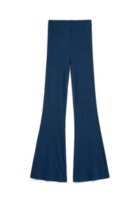 Pantalones acampanados azul marino hechos de tela acanalada, con una cinturilla cómoda y una textura suave, con un corte de pierna ancha.
