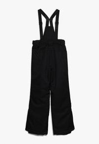 Pantaloni salopette neri impermeabili con bretelle regolabili, gambe larghe e vita elasticizzata. Presentano orli rinforzati e una minima etichettatura.
