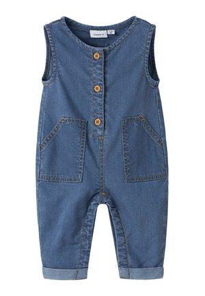 Varrukateta sinist teksakangast beebiriietus kolme ees oleva nööbi, kahe tasku ja ülesrullitud püksteäärtega.