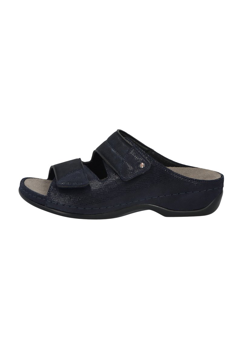 Navy blue slide sandals with two adjustable Velcro straps, textured fabric upper, open toe, and cushioned insole for comfort.
