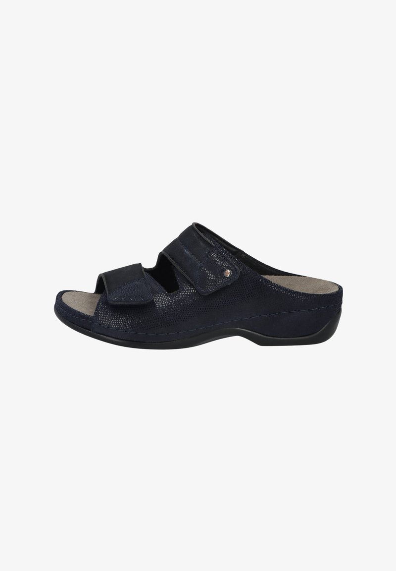Navy blue slide sandals with two adjustable Velcro straps, textured fabric upper, open toe, and cushioned insole for comfort.