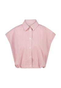 Punainen ja valkoinen raidallinen lyhythihainen paita, jossa on kaulus. Tässä paidassa on nappisuljenta ja frillahelma. Pehmeää kangasta, rento malli.