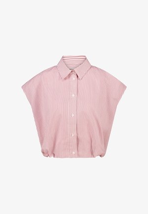 Chemise à manches courtes rayée rouge et blanche avec col, dotée d'une fermeture à boutons à l'avant et d'un ourlet froncé. Tissu doux avec une coupe décontractée.