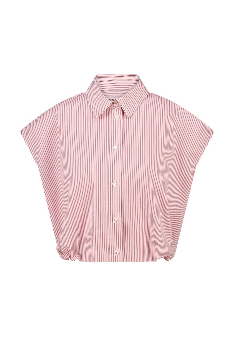 Punainen ja valkoinen raidallinen lyhythihainen paita, jossa on kaulus. Tässä paidassa on nappisuljenta ja frillahelma. Pehmeää kangasta, rento malli.