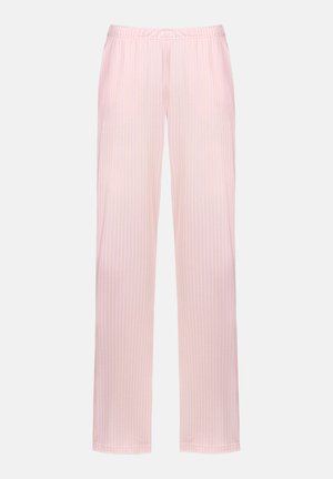 Różowe paskowane piżamowe spodnie o luźnym kroju, z elastycznym pasem, dwiema bocznymi kieszeniami i miękką fakturą materiału.