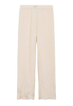 Light beige pleated pants with an elastic waistband, featuring a wide-leg design and a soft, textured fabric finish.