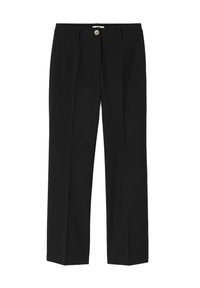 Pantalons noirs à coupe droite, en tissu lisse. Comprend une fermeture à bouton à l'avant et deux poches latérales. Pas de motifs ni d'accents visibles.