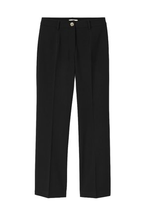 Pantalons noirs à coupe droite, en tissu lisse. Comprend une fermeture à bouton à l'avant et deux poches latérales. Pas de motifs ni d'accents visibles.