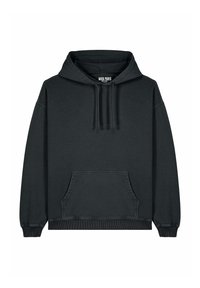Felpa nera con cappuccio in cotone, dotata di tasca frontale, cappuccio con cordino, polsini e orlo a coste. Design semplice e privo di decorazioni.
