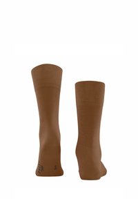 Braune kniehohe Socken mit gerippter Textur, glatter Oberfläche und verstärkten Zehen- und Fersenbereichen; am unteren Ende mit Größenangaben beschriftet.