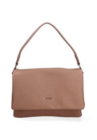 Borsa a mano in pelle marrone con texture morbida, design pieghevole e tracolla regolabile. Presenta un logo discreto sul fronte.