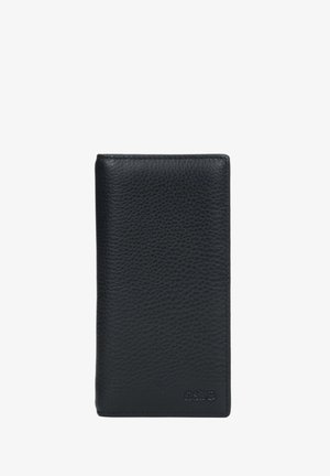 Portefeuille en cuir noir texturé avec l'inscription « estro » embossée dans le coin inférieur droit, présenté fermé sur un fond blanc.