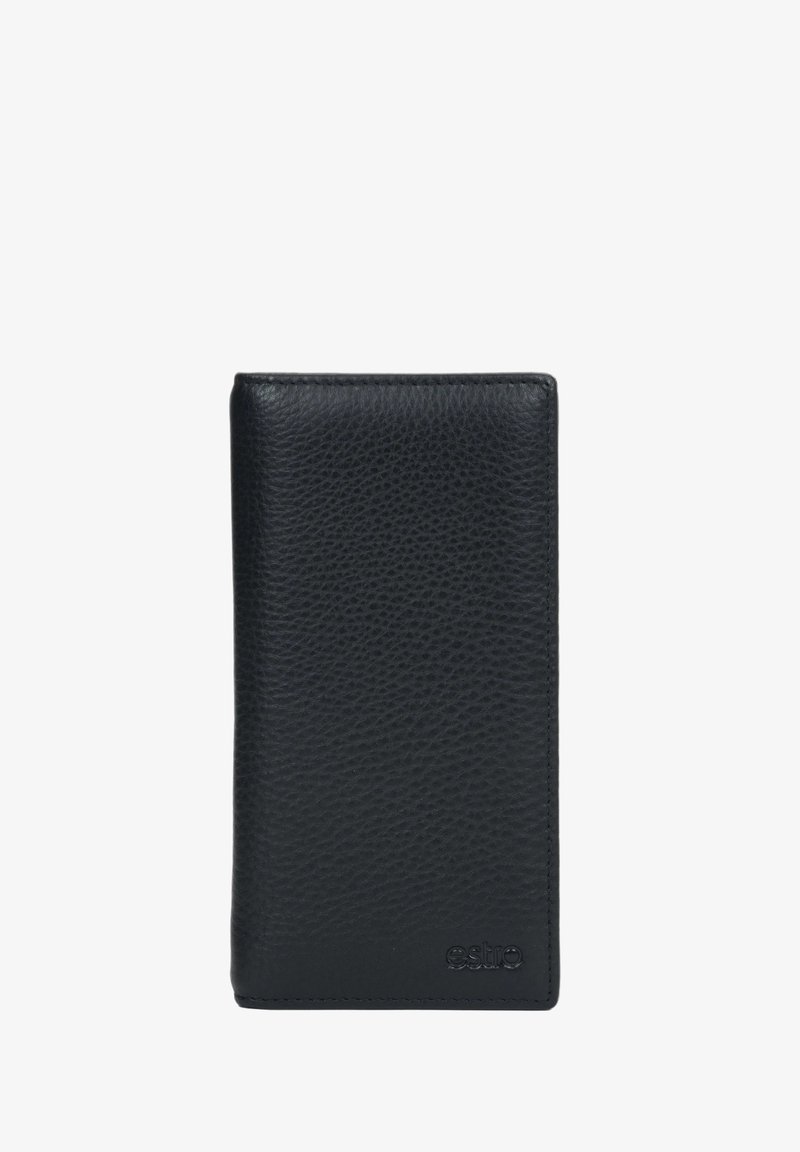 Czarny portfel z teksturowanej skóry z wytłoczonym napisem „estro” w prawym dolnym rogu, pokazany zamknięty na białym tle.
