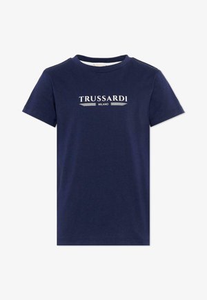 T-shirt blu navy a maniche corte con la scritta "TRUSSARDI MILANO" stampata in bianco sul petto.