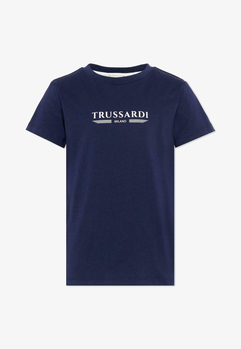 T-shirt bleu marine à manches courtes avec l'inscription "TRUSSARDI MILANO" imprimée en blanc sur la poitrine.