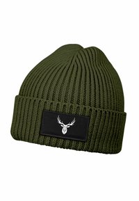 Green knit beanie with a ribbed texture, featuring a black patch with a deer emblem. Beanie has a folded cuff for style and fit.