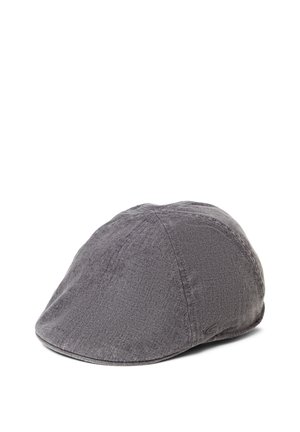 Gray fabric flat cap with stitched panels and a rounded crown, displayed against a white background.