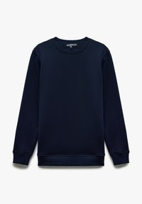 Granatowy sweatshirt wykonany z miękkiego materiału, z okrągłym dekoltem, ściągaczami przy mankietach i u dołu oraz gładką fakturą. Bez wzorów ani detali sprzętowych.