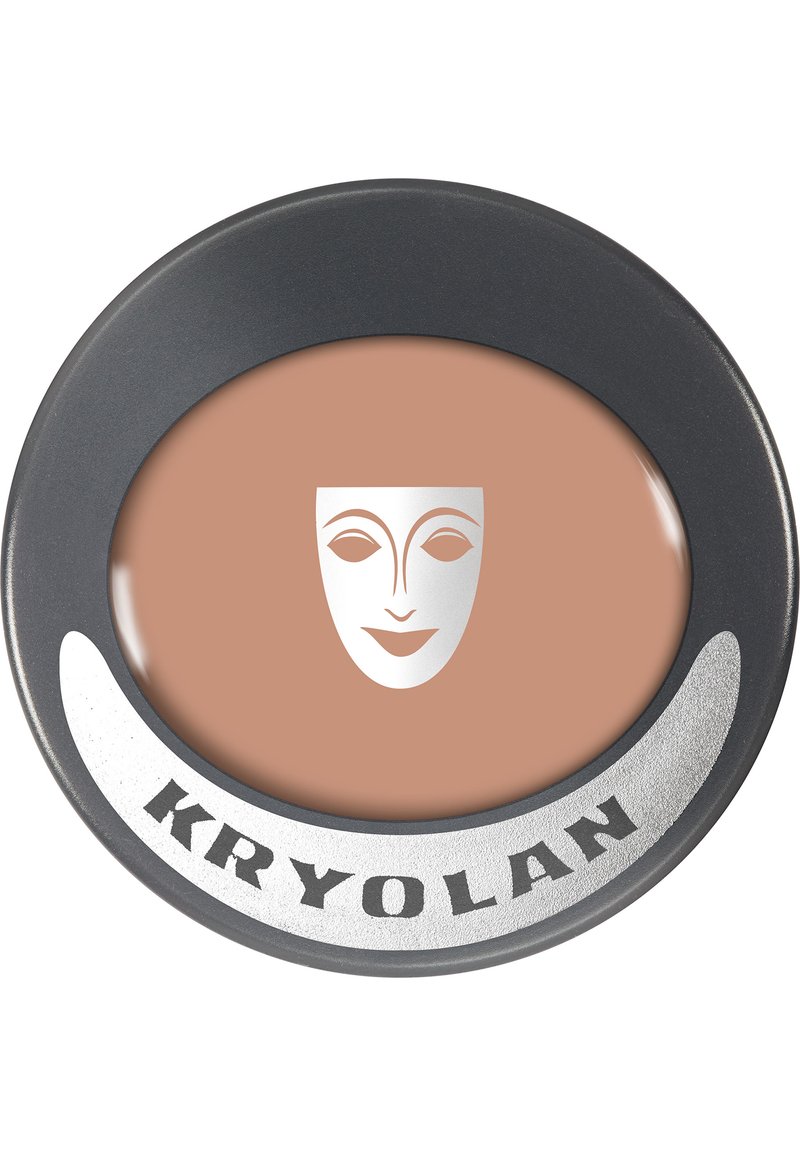 Kryolan makeup product in a round metal container with a gray rim. Beige cream shows a face graphic in silver. Text “KRYOLAN” is featured.