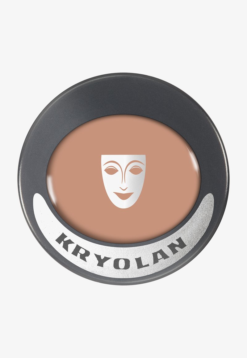 Kryolan makeup product in a round metal container with a gray rim. Beige cream shows a face graphic in silver. Text “KRYOLAN” is featured.
