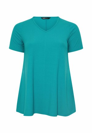 Kortærmet, ribbet V-hals top i blågrøn med let udvidet kant og afslappet pasform.