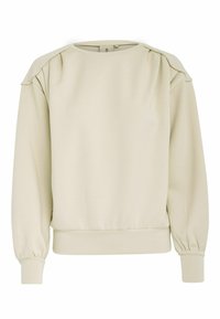 Felpa beige con colletto rotondo, dettaglio delle spalle arricciato e maniche lunghe. Realizzata in tessuto liscio con polsini e orlo a coste.