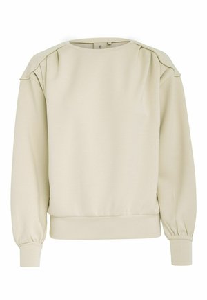 Beige sweatshirt with a round neck, gathered shoulder detail, and long sleeves. Made from smooth fabric with ribbed cuffs and hem.