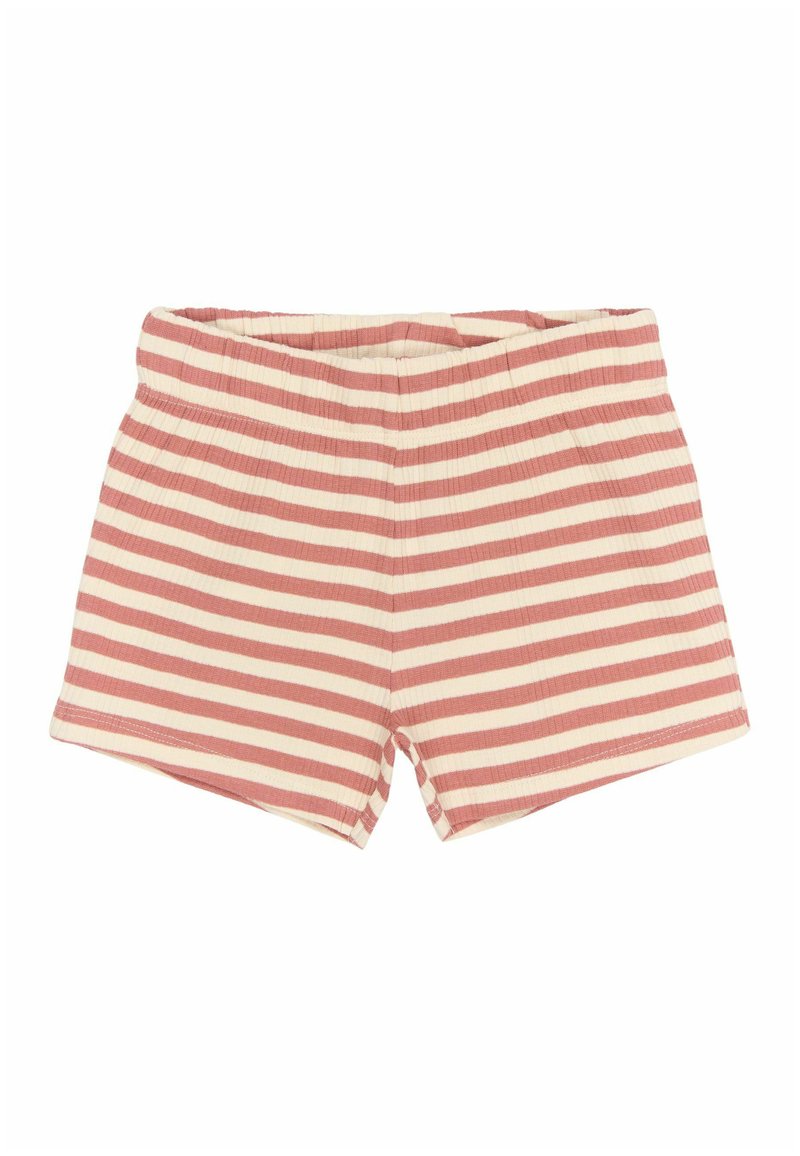 Șorturi rayate dintr-un material moale; au dungi orizontale alternative de culoare roz deschis și alb; talie elastică; croi simplu.