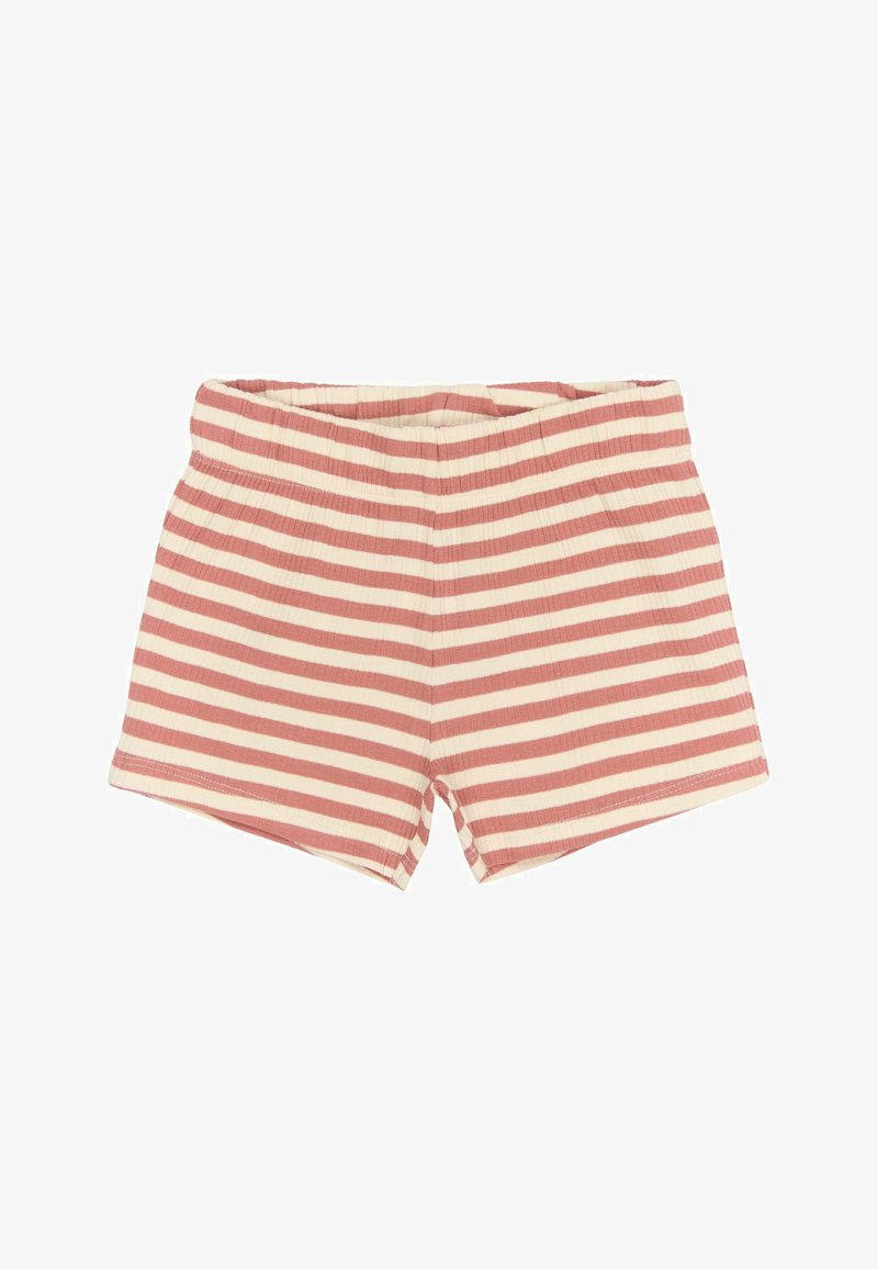 Șorturi rayate dintr-un material moale; au dungi orizontale alternative de culoare roz deschis și alb; talie elastică; croi simplu.