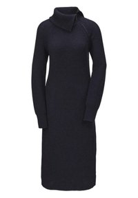 Marineblaues Strickkleid mit hohem Kragen, langen Ärmeln und seitlichem Reißverschluss, entworfen in einer figurbetonten Silhouette mit geripptem Muster.