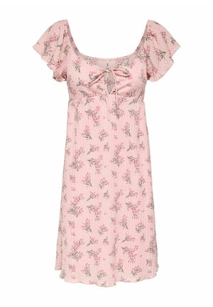 Lys rosa knælængde kjole med korte flagrende ærmer, blomsterprint, rund halsudskæring og foran bindbar nøglehul-detalje.