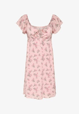 Lys rosa knælængde kjole med korte flagrende ærmer, blomsterprint, rund halsudskæring og foran bindbar nøglehul-detalje.