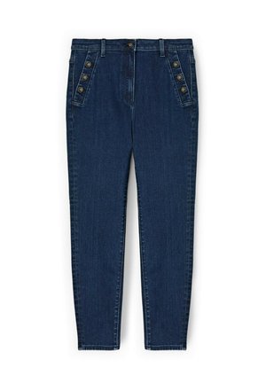 Donkerblauwe taps toelopende spijkerbroek met hoge taille, knoopsluiting en decoratieve knoopdetails aan de randen van de voorzakken.