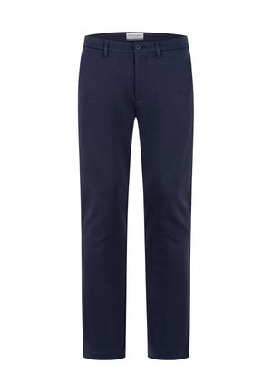 Navy blue straight-leg trousers with button and zip closure and belt loops, plain front, displayed against white background.