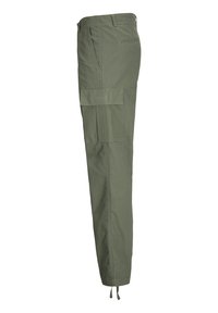 Pantaloni cargo verde oliva con design a gamba dritta, dotati di tasche laterali, un cordino all'orlo e un tessuto in cotone testurizzato.