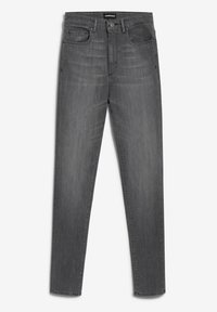Jean slim gris foncé en denim avec cinq poches et fermeture à bouton, présenté sur un fond blanc uni.